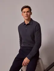 Hawes & Curtis Charcoal Mercerised Cotton Polo Shirt | Long Sleeve Size: Large