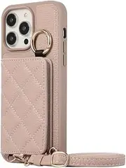 Wallet Shoulder Strap Case for iPhone 15 Pro Max 14 13 12 11 Pro Max 15 Plus Finger Ring Leather Card Slot Lanyard Back Cover,Apricot Color,for iPhone 14