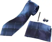 [Zasel] Mens Ocean Blue Checkered Matching Neck Tie, Pocket Square, Cuff Links And Tie Clip Set Ocean Blue, Black, Silver, Navy