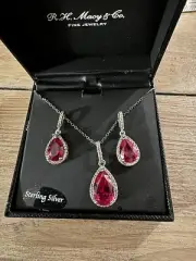 NWT Solid Sterling Silver Lab Created Ruby Earrings & Necklace Set, 16-18” Chain