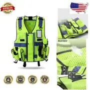 Neon Yellow Reflective Security Vest with 7 Pockets - Perfect for Outdoor Work