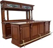 Home Bar Traditional Solid Wood Home Bar Cabinet with Stained Glass Panels, Brass Foot Rail, Mirror Back