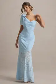 Chyna | Light Blue Cowl-Neck Maxi Dress With Bow Strap
