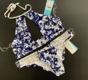 Beach Bunny M,L BIKINI KEYHOLE halter triple strap skimpy white BLUE floral