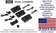 2 Channel DV UHF Wireless Lavalier Microphones Audio LED Monitor Lapel 6 AA Batt