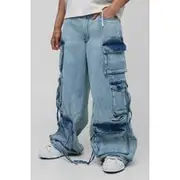 Mens Light Blue Super Baggy Rigid Ripped Multi Pocket Cargo Strap Denim Jeans