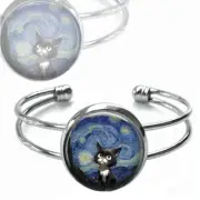 Tuxedo Cat Van Gogh Starry Night Art Print Silver Cuff Bracelet Cat Lover Gift