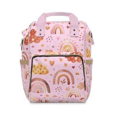 Multifunctional Diaper Backpack, Baby Travel Bag, Rainbow, Cloud, Pink Design