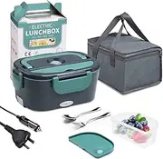 FOHOA Electric Lunch Box Food Warmer AU, Portable Food Heater for Car & Home, Lunch Heating Microwave for Truckers with Removable 304 Stainless Steel Container 1.5 L, with Fork Spoon Carry Bag(Green)
