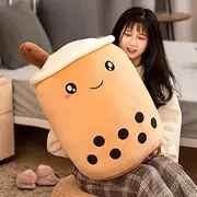 Boba Milk Tea Cup Plushie, Soft Boba Bubble Tea Cup Plush Pillow Toy Fruit Hugging Pillow Gifts (Brown Round Eye, 26.4 in)
