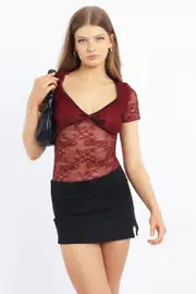 Red V-neck Top Short Sleeve Lace - Size 12M, Women's Top