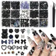 Black Assorted Nail Charms 3D Bows Butterfly Charms for Nails Flatback Pearl