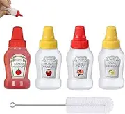 THYULIFE 4Pcs Mini Condiment Squeeze Bottles with Cleaning Brush, 25ml Leakproof Mini Ketchup Sauce Bottles Refillable Ketchup/Soy Sauce/Honey/Salad Dressing Bottles Container for Lunch Box, BPA Free