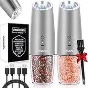 AmuseWit Gravity Electric Salt and Pepper Grinder Set [White Light] USB Rechargeable Automatic Pepper and Salt Mills,Adjustable Coarseness,One-Handed Operation,Stainless Steel