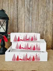 SET OF 3 WOODEN WHITE RED CHRISTMAS STORAGE CRATE BOX