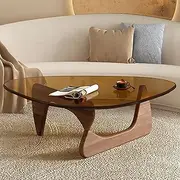 [YVYKFZD] Triangle Coffee Table, Center Table with Solid Wood Legs, Mid Century Tea Table, End Table Cocktail Table with 8MM Tempered Glass Top(Walnut+b,32.2x22.4x15.7in)