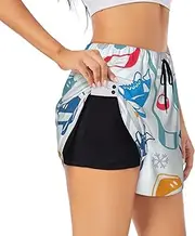 [WURTON] Hockey Elements Creative Patterned Print Exercise Gym Workout Shorts Women's Athletic Shorts Dual-Layered Yoga Running Shorts