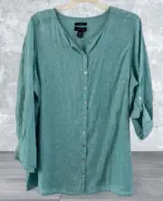 NWT TAHARI Women's 100% Linen Blouse Tunic Top Roll Tab Sleeves Plus Size 2X