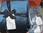 West Elm Cotton Velvet Duvet Cover king 2 Euro shams regal blue New