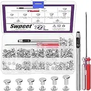 Swpeet 110 Set 6 Sizes M5 x 4mm/5mm/6mm/8mm/10mm/12mm Silver Leather Rivets Chicago Binding Screws with Install Tools Assortment Kit, Screw Rivets M5 Chicago Binding Screws for Repair Leather