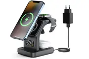 15W 5 in 1 Wireless Charging Station with Alarm Clock, Night Light, MagSafe, iPhone 14/13/12 (Black)
