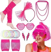 7pcs Fancy Dress Accessories Set, 1980s Retro Costume Kit with Bow Headband Leg Warmers Fishnet Gloves Earrings Necklace for Women Girls 80s 90s Theme Party Cosplay Halloween Masquerade