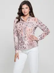 GUESS Pink Powder Jaguar Print Shirt Size: Small, Polyester