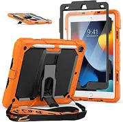 SEYMAC stock Case for iPad 9th/8th/7th Generation 10.2 Inch 2021/2020/2019 with Screen Protector, Pencil Holder, Portable Shoulder Strap, Foldable Stand, Drop-Proof Function, Orange+Black