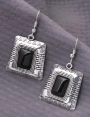Silver Tone & Black Geometric Shaped Earrings / Boho / Chic / Boutique Style