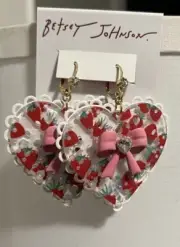 Betsey Johnson Baby Cakes Lucite Strawberry LARGE Heart Lace Pink Bow Earrings