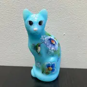 Fenton Glass Morning Glory Hummingbird Stylized Blue Cat Figurine Limited #8/9