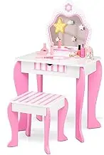 Costway Kids Vanity Table & Stool Set, Wooden Princess Makeup Dressing Table with Detachable Top & Writing Desk, 2-in-1 Toddler Vanity Set with Mirror and Stool for Kids Aged 3 to 7