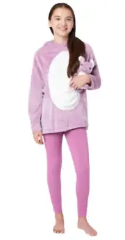 Justice Girls Pajamas Mauve 12 Plush 2 Piece Set Hood Top Pants Pouch Pocket Toy
