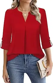 [Gaharu] Women's Blouses 3/4 Sleeve Work Shirt Chiffon Tunic Top Office Wear, Red, Large