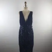 Alice + Olivia l M Navy V-Neck Pleated Plunge Bust Sequin Open Back Wiggle Dress