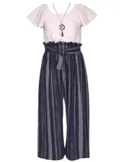 NEW Bonnie Jean Girl Size 10 "IVORY EYELET NAVY CREPE" Jumpsuit Necklace Set NWT