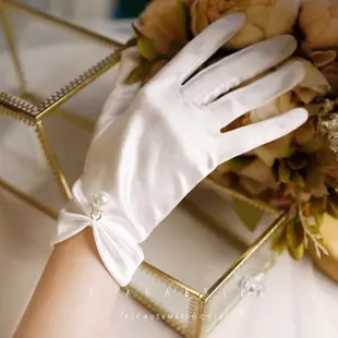 9CHK 【限時特惠】白色緞面蝴蝶結蕾絲婚禮短手套婚紗手套禮儀手套結婚婚紗配飾拍照