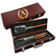 Personalized BBQ Grilling Set Wood Case Monogram Laser Engraved Custom Box Gift
