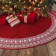 XGATML YuanKanJu Meriwoods Fair Isle Knit Tree Skirt 48 Inch, Chunky Knitted Tree Collar for Country Rustic Christmas Decorations, Burgundy Red & Cream White