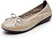 [Gikleihwy] Women's Pointed Toe Bowknot Sandals Hollow Out Breathable Low Chunky Heel Elegant Flat Shoes Casual Slip On Closed Toe Sweet Loafers for Work Nurse Driving(Beige Gold,7.5 US)