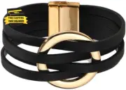 Circle Charm Leather Wrap Bracelet Boho Handmade Layered Cuff Bracelets for Wome
