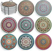 Mandala Drink Coasters with Holder - 8 Set Ceramic Boho Coaster for Drinks Absorbent with Cork Base and Black Holder - Coasters for Coffee Table Apartment Wooden Bar Mugs Glasses Cup Beer