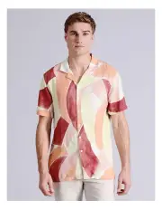 [Blaq] Leo Abstract Print Short Sleeve Viscose Shirt in Coral