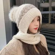 [Generic] Integrated Ear Protection Windproof Cap Scarf, Warm Conjoined Ear Protection Knitted Hat, Warm Ear Guard Hat Scarf for Women (Beige) (Beige)