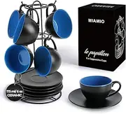 [MIAMIO] Set of 6, Ceramic Stackable Cappuccino Cups Set / 175 ml Cappuccino Mugs and Saucer with Metal Stand for Coffee Drinks, Cappuccino, Latte, Americano and Tea - Le Papillon Collection (Blue)