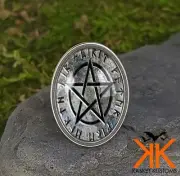 Cryptic Pentagram Ring - Pagan Elements Pentacle Handmade Silver Jewelry - 161