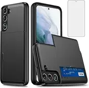 [Asuwish] Phone Case for Samsung Galaxy S21 FE Gaxaly S 21 FE 5G with Tempered Glass Screen Protector and Credit Card Holder Wallet Cover Hard Hybrid Cell Glaxay S21FE5G UW S21FE 21S G5 Women Men Black