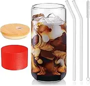 DAMCONME Glass Cups with Lids and Straws 1Pcs, Iced Coffee Cup with Lid, Smoothie Cup, Cocktail Glasses for Whiskey, Soda, Matcha, Juice – 20 Oz with Bamboo Lid, 2 Straws, 1 Brush, Red