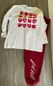 Victoria's Secret Pink Campus LS Tee Shirt + Pants Set Red Lacquer White XL ❤️❤️