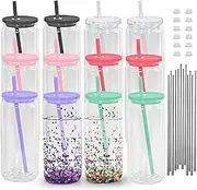 Icesip 12 Pack 20oz Acrylic Snowglobe Tumbler, Pre-Drilled Double Wall Plastic Clear Cup, Plastic Mason Jar with Lids and Straw, Reusable Clear Beer Can for Snow Globe Glitter DIY